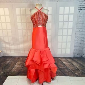 Rachel Allan Rhinestones Cross Halter Ruffle Mermaid Satin Gown pink or salmon c